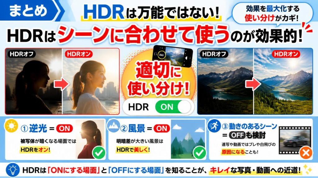 まとめ|HDRは“使い分け”が最強。逆光と風景では積極的にオンにしよう